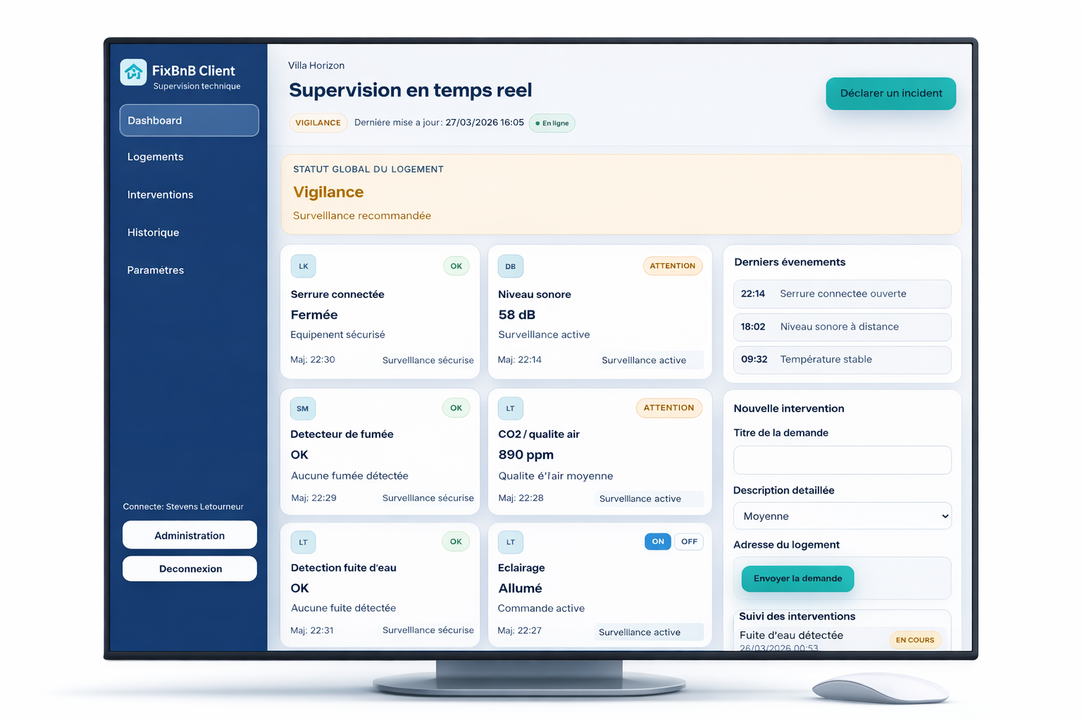 Aperçu du dashboard client FixBnB sur écran de supervision en temps réel